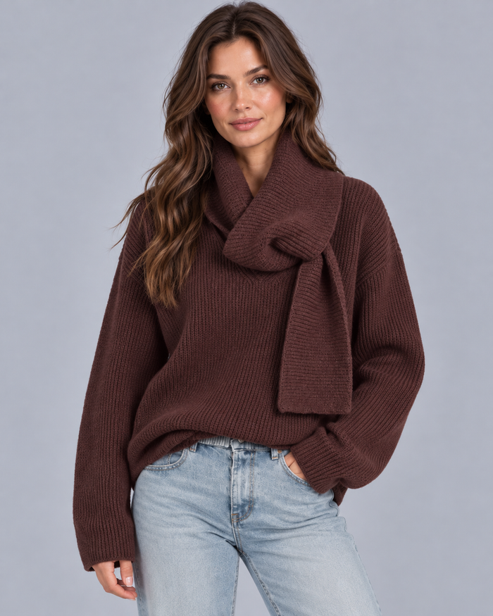 Women's Oversized Ribbed Knit Scarf Jumper | Sweater with V-neckline