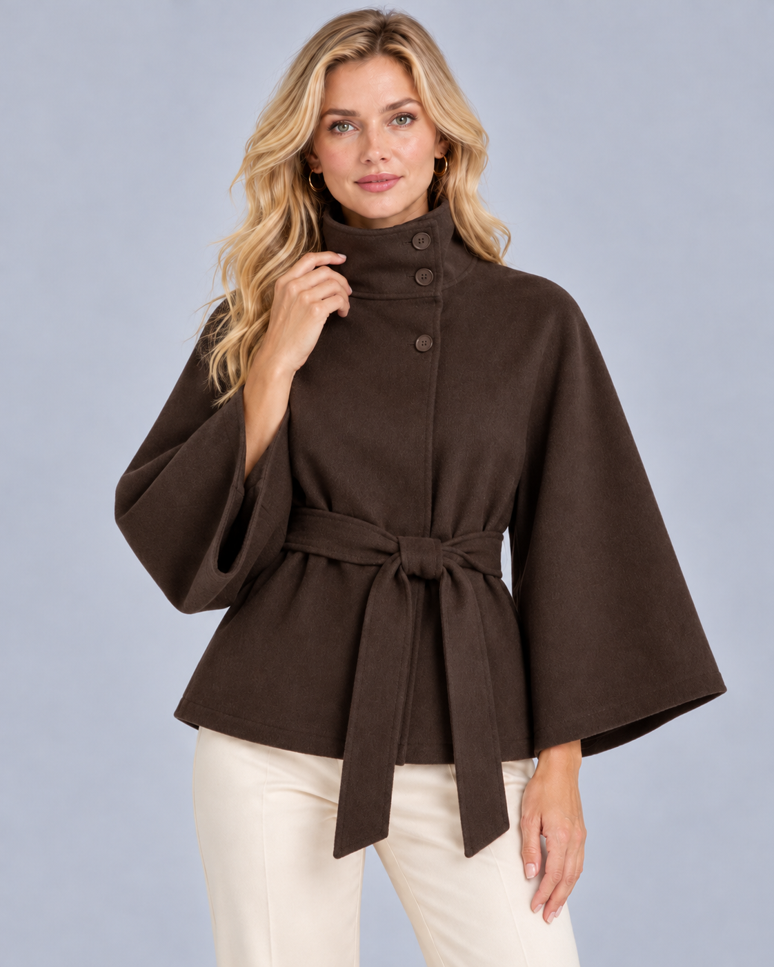 Women's Belted Funnel Neck Cape Coat | Wide Sleeve