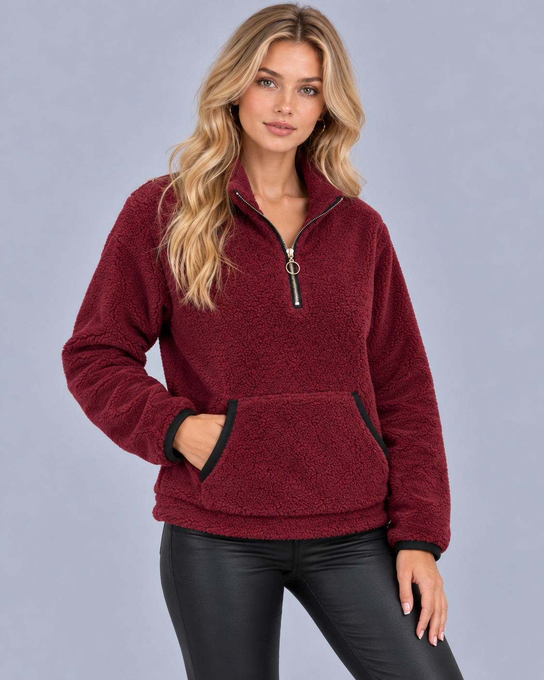 Women's Teddy Fleece Half Zip Jumper – Funnel Neck, Kangaroo Pocket
