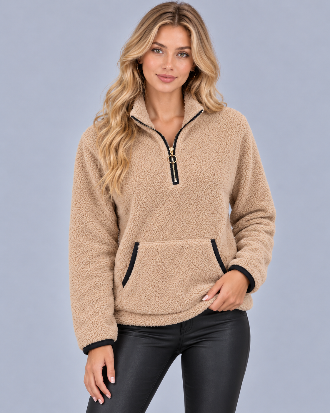 Women's Teddy Fleece Half Zip Jumper – Funnel Neck, Kangaroo Pocket