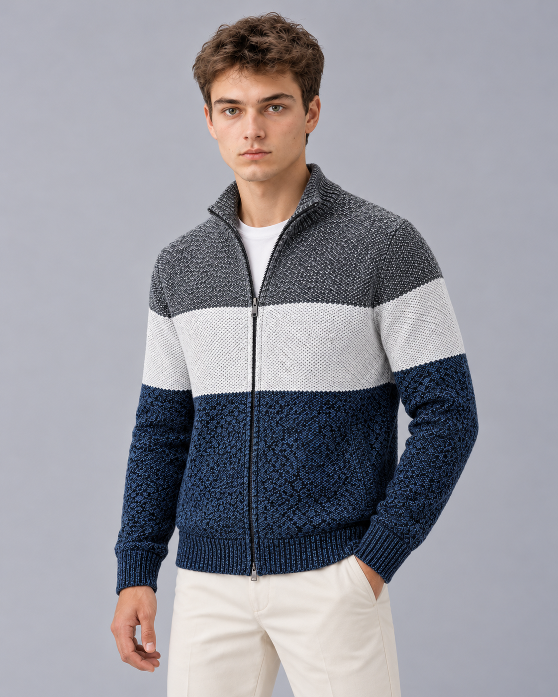 Men's Colour Block Zip Cardigan – Stand Collar, Check Lined