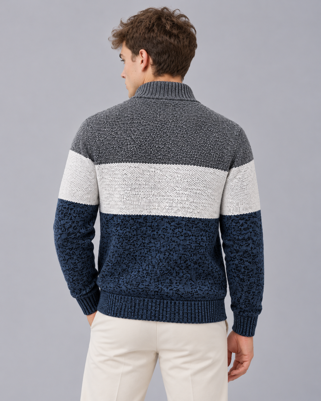 Men's Colour Block Zip Cardigan – Stand Collar, Check Lined