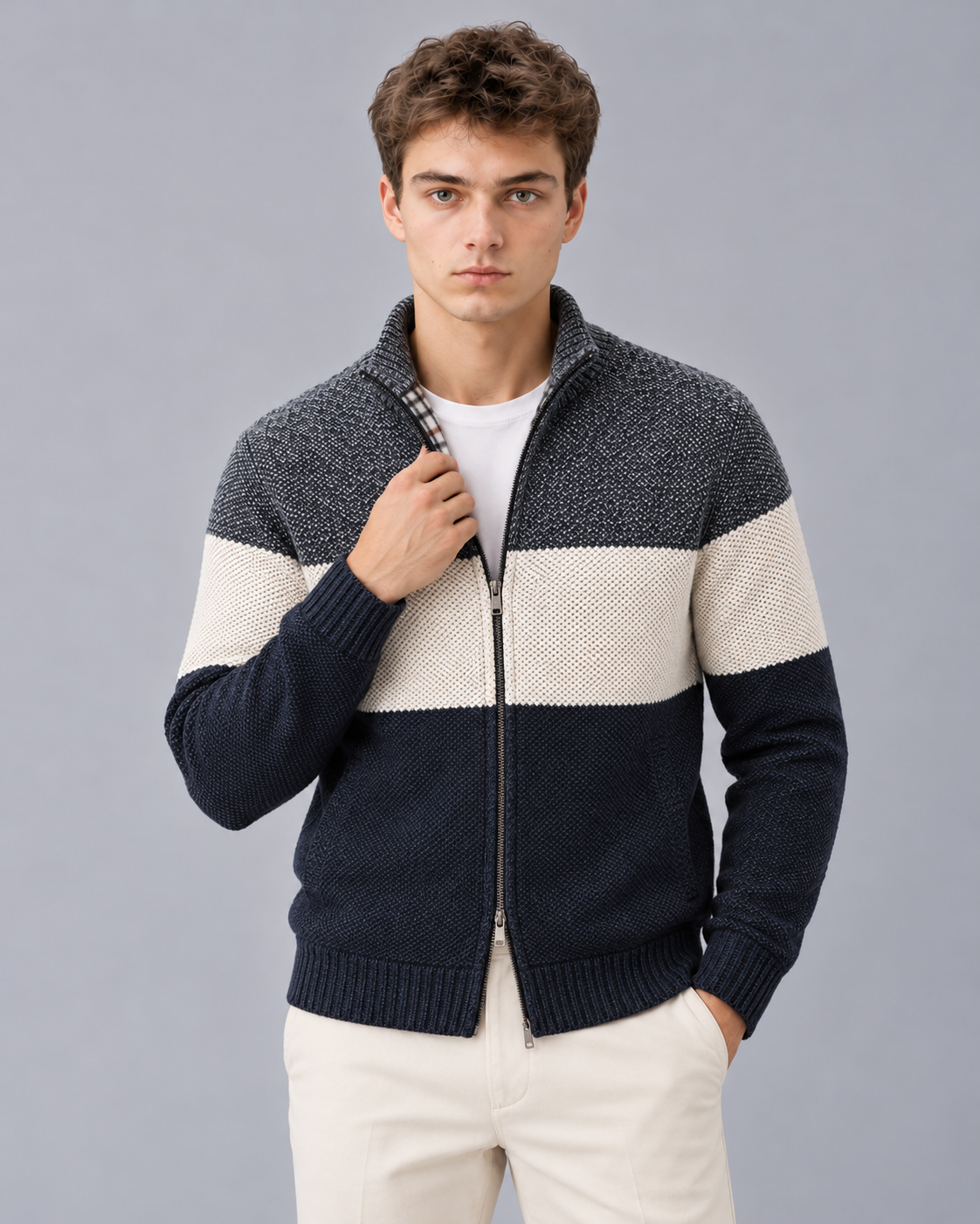 Men's Colour Block Zip Cardigan – Stand Collar, Check Lined