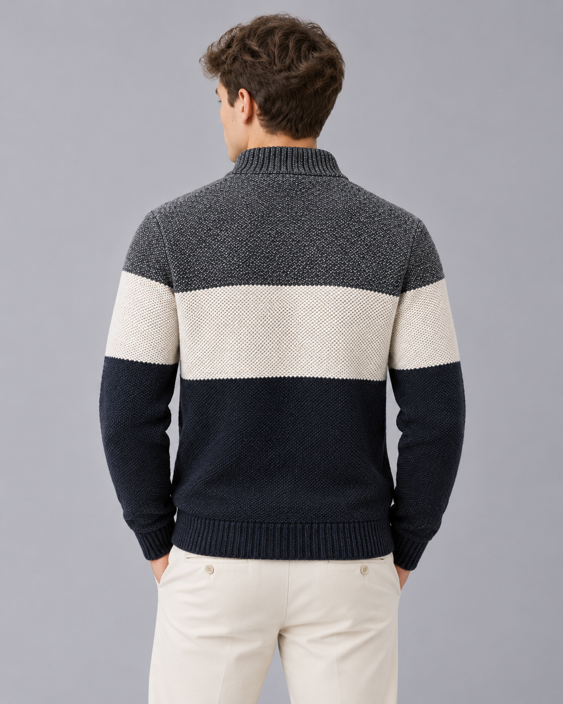 Men's Colour Block Zip Cardigan – Stand Collar, Check Lined