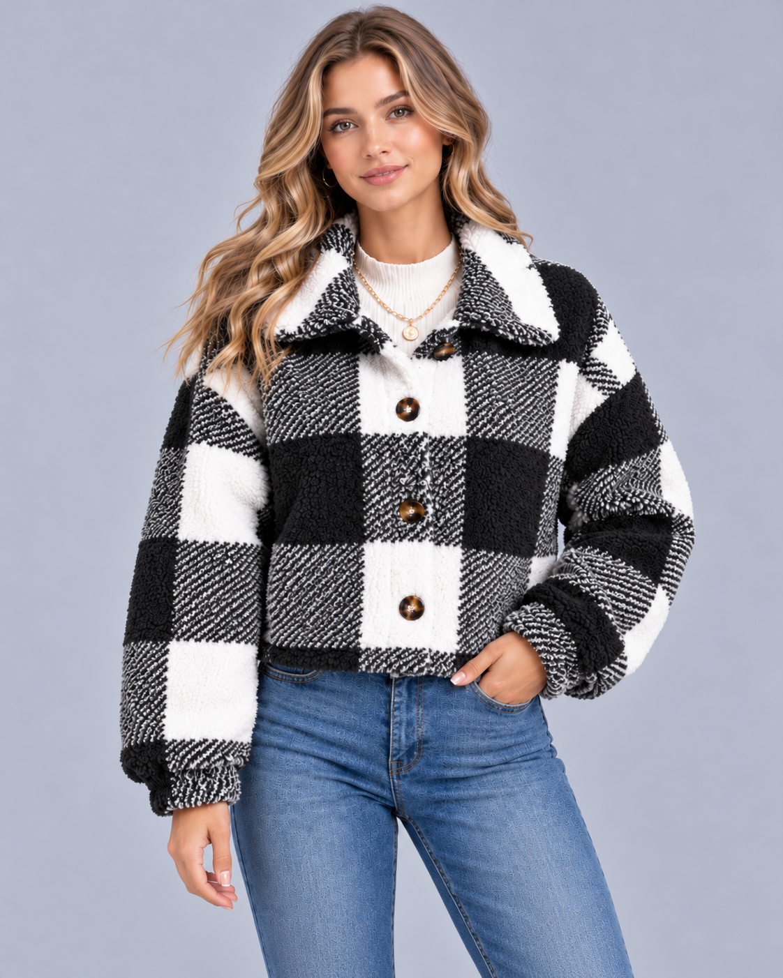 Women's Teddy Fleece Jacket – Subtle Check