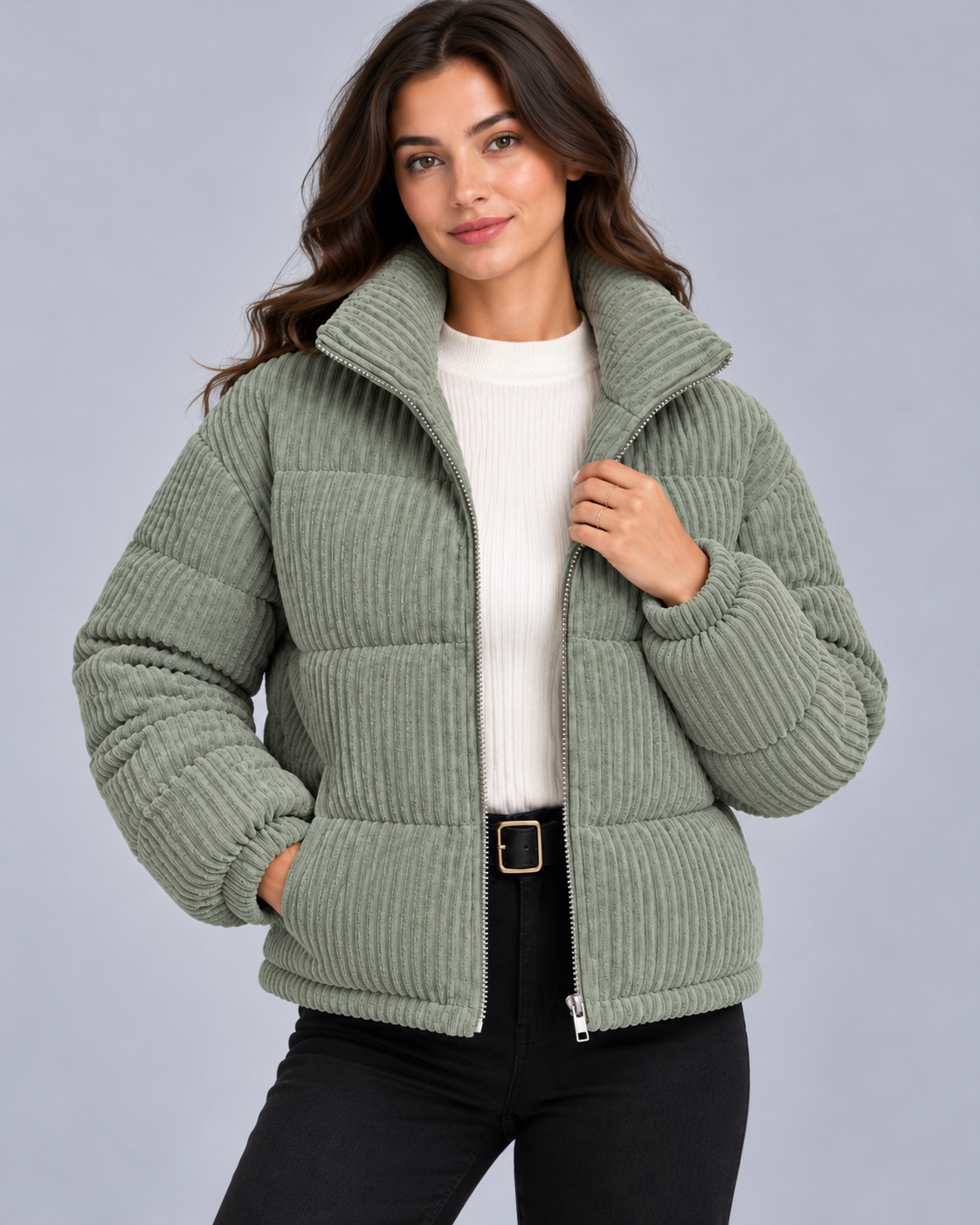 Women's Corduroy Puffer Jacket – Funnel Neck, Quilted