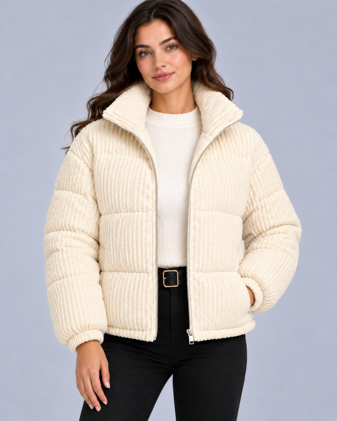 Women's Corduroy Puffer Jacket – Funnel Neck, Quilted