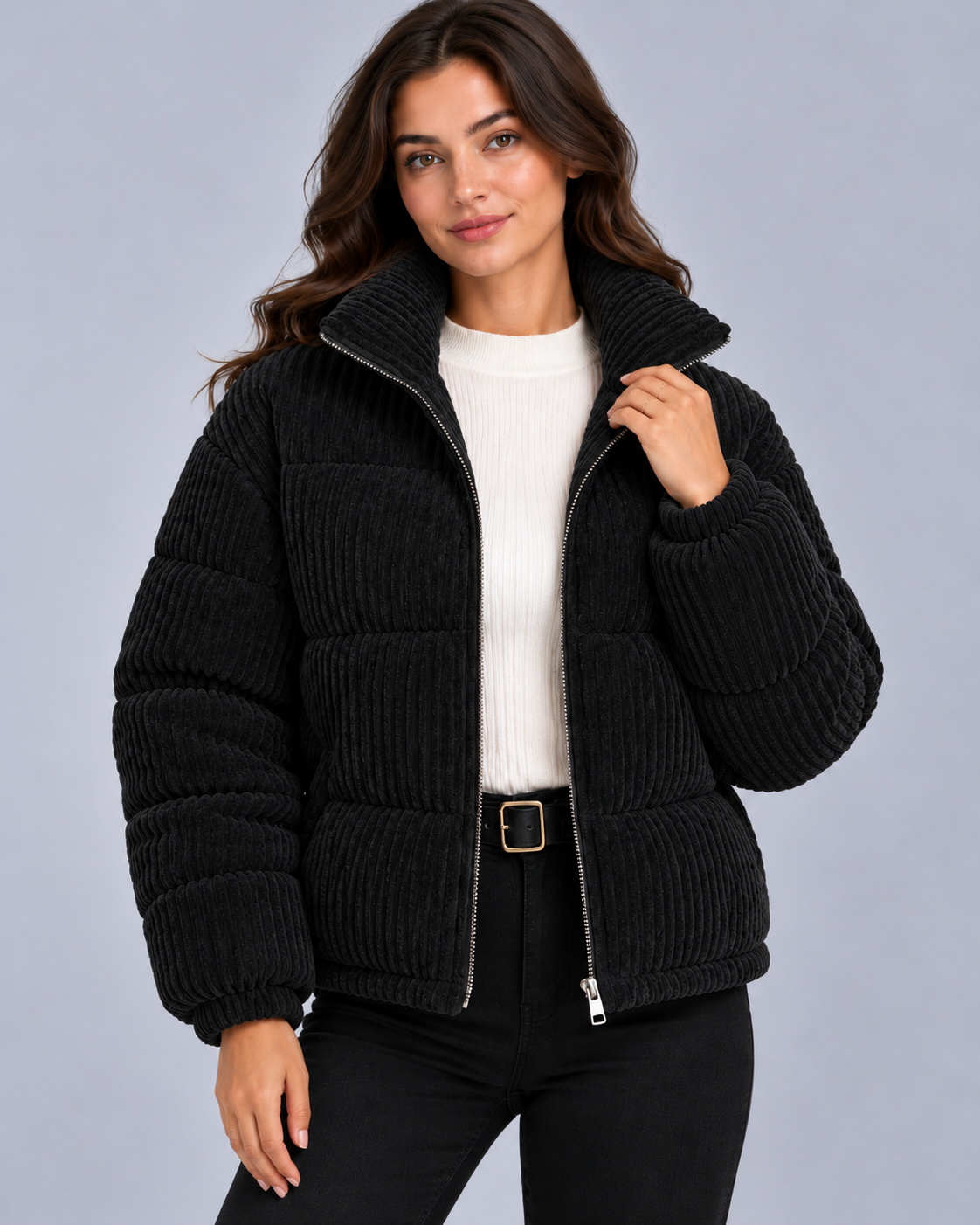 Women's Corduroy Puffer Jacket – Funnel Neck, Quilted