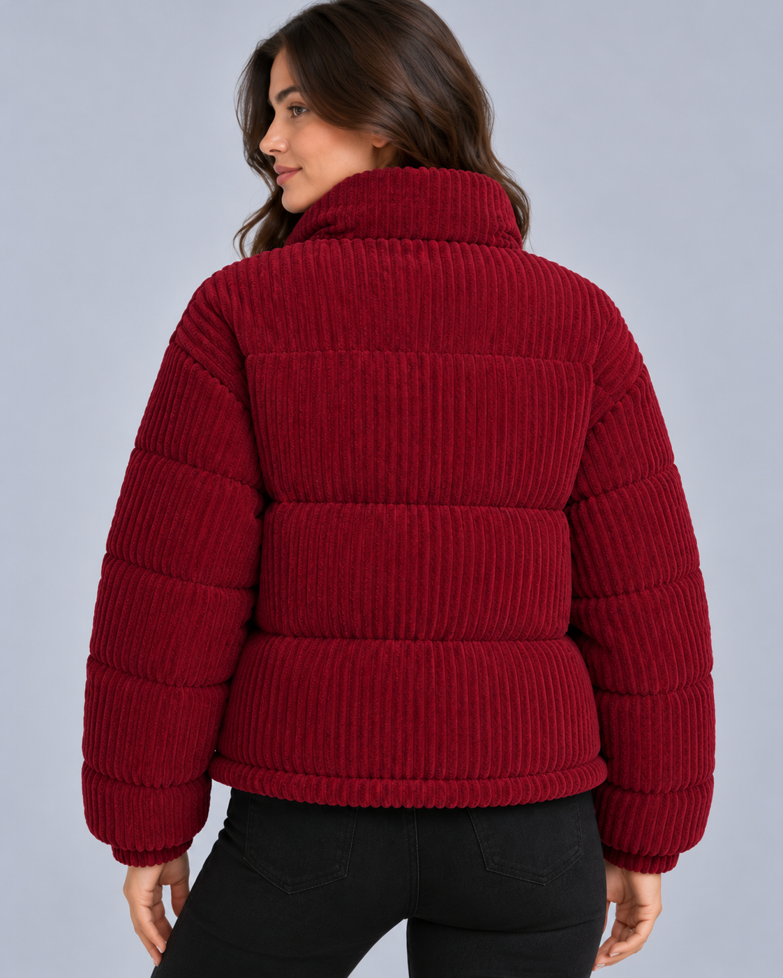 Women's Corduroy Puffer Jacket – Funnel Neck, Quilted