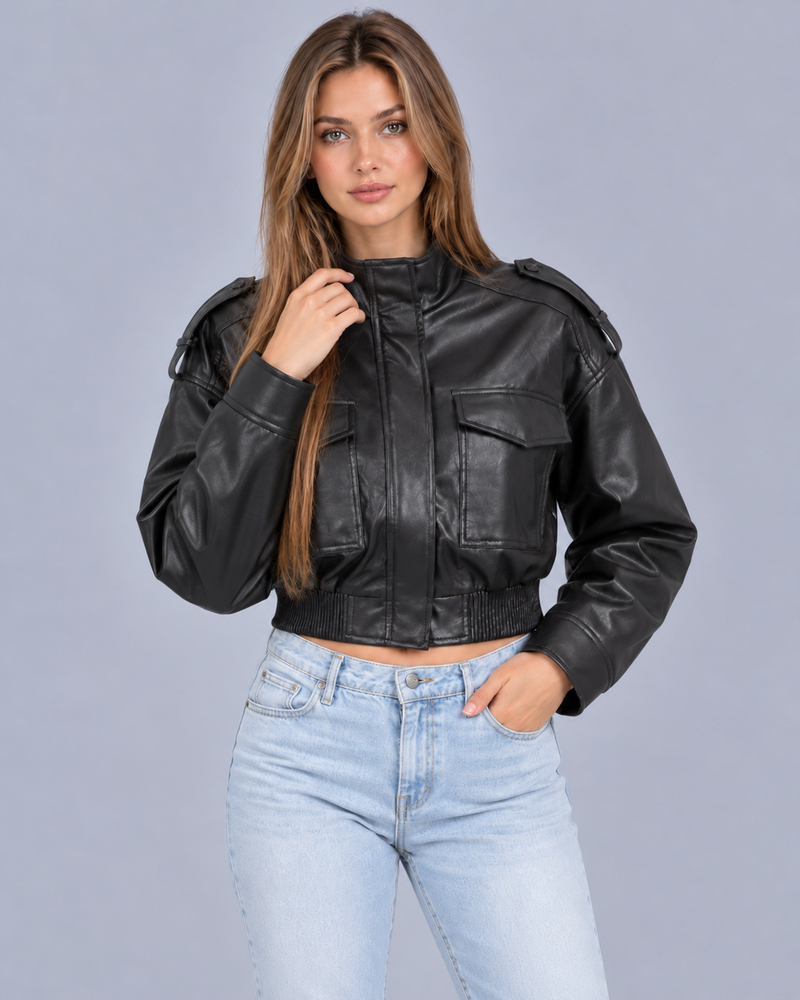 Women's Cropped Faux Leather Bomber Jacket – Front Pockets