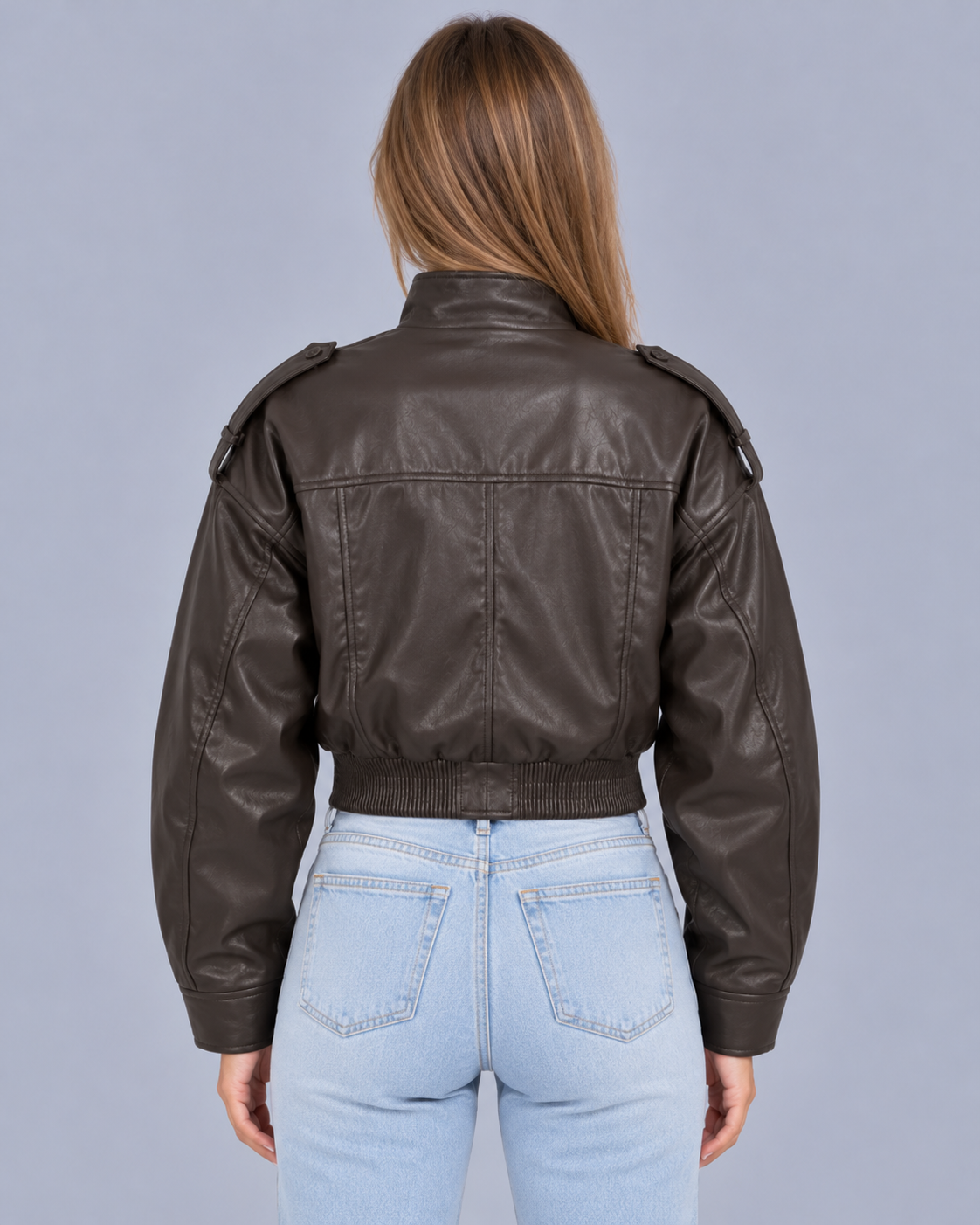 Women's Cropped Faux Leather Bomber Jacket – Front Pockets