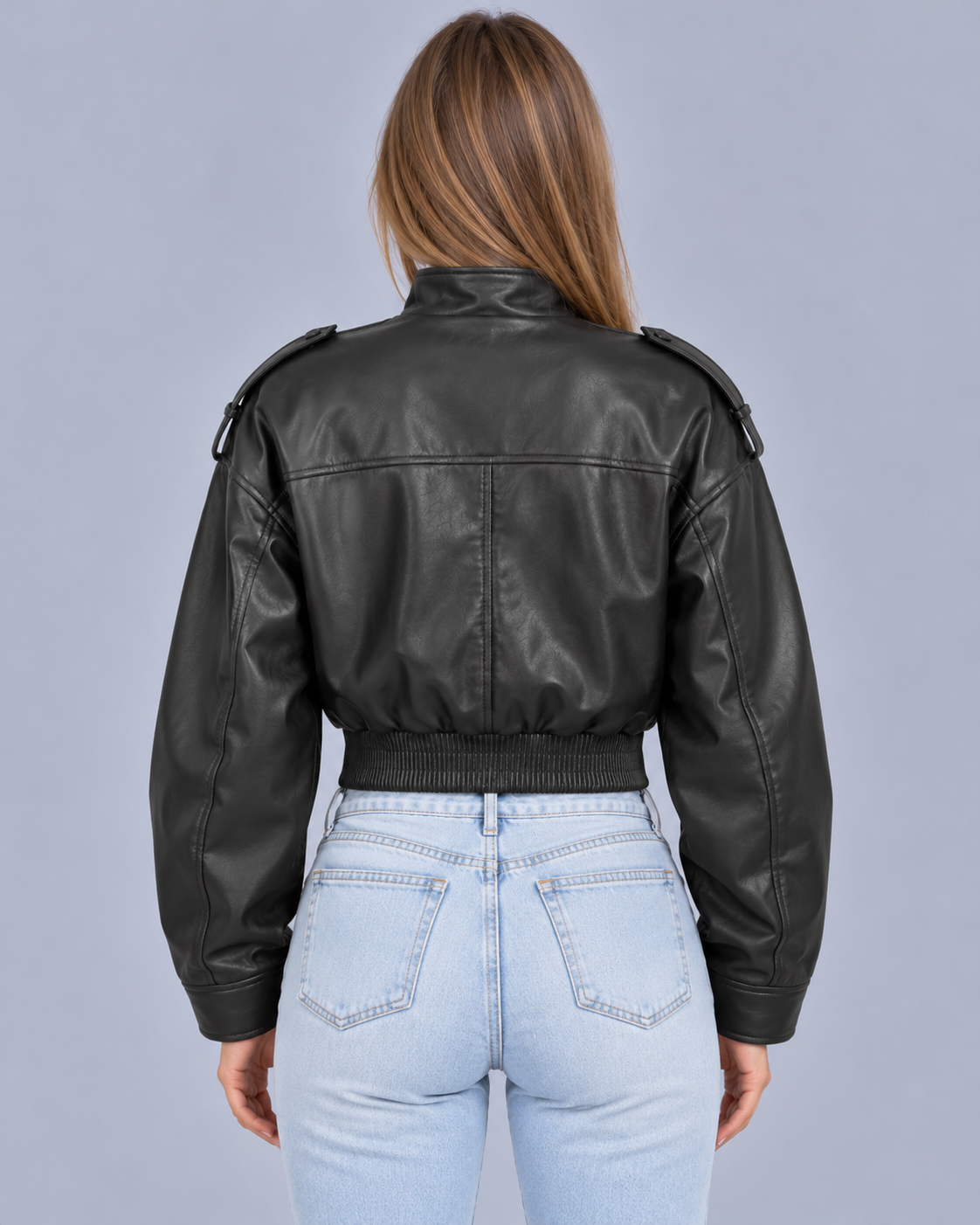 Women's Cropped Faux Leather Bomber Jacket – Front Pockets