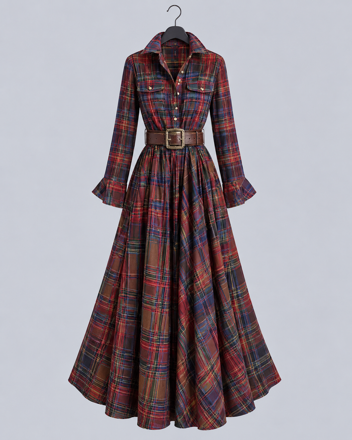 Women's Soft Plaid Vintage Shirt Dress | Flattering Button-Down with Lapel