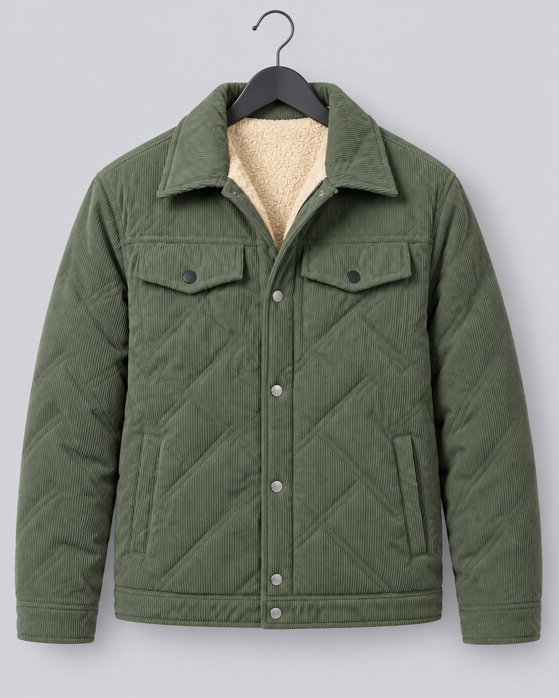 Men's Corduroy Padded Jacket | Coat with Snap-Button Closure