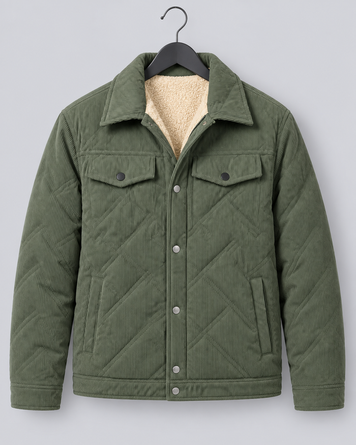 Men's Corduroy Padded Jacket | Coat with Snap-Button Closure