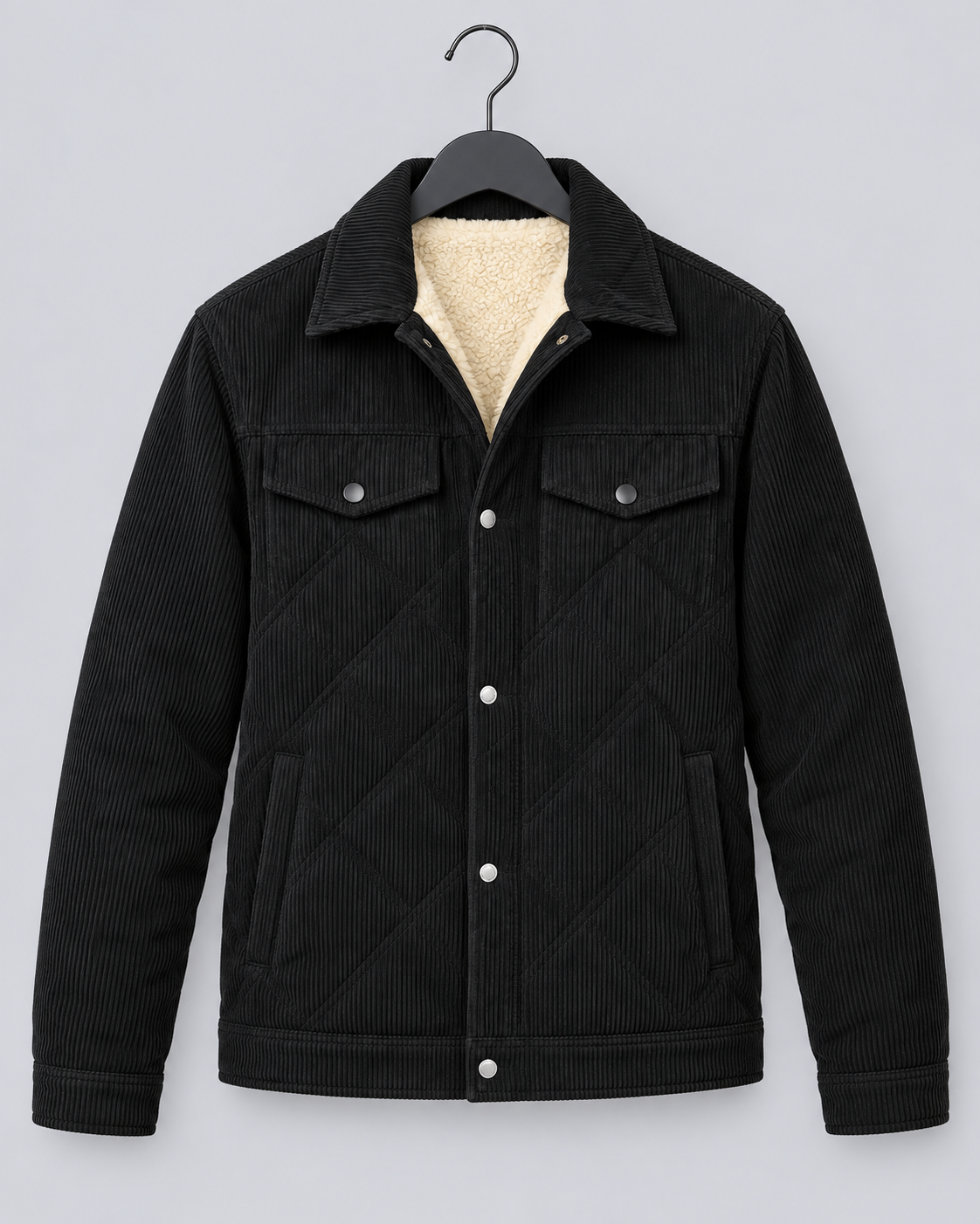 Men's Corduroy Padded Jacket | Coat with Snap-Button Closure