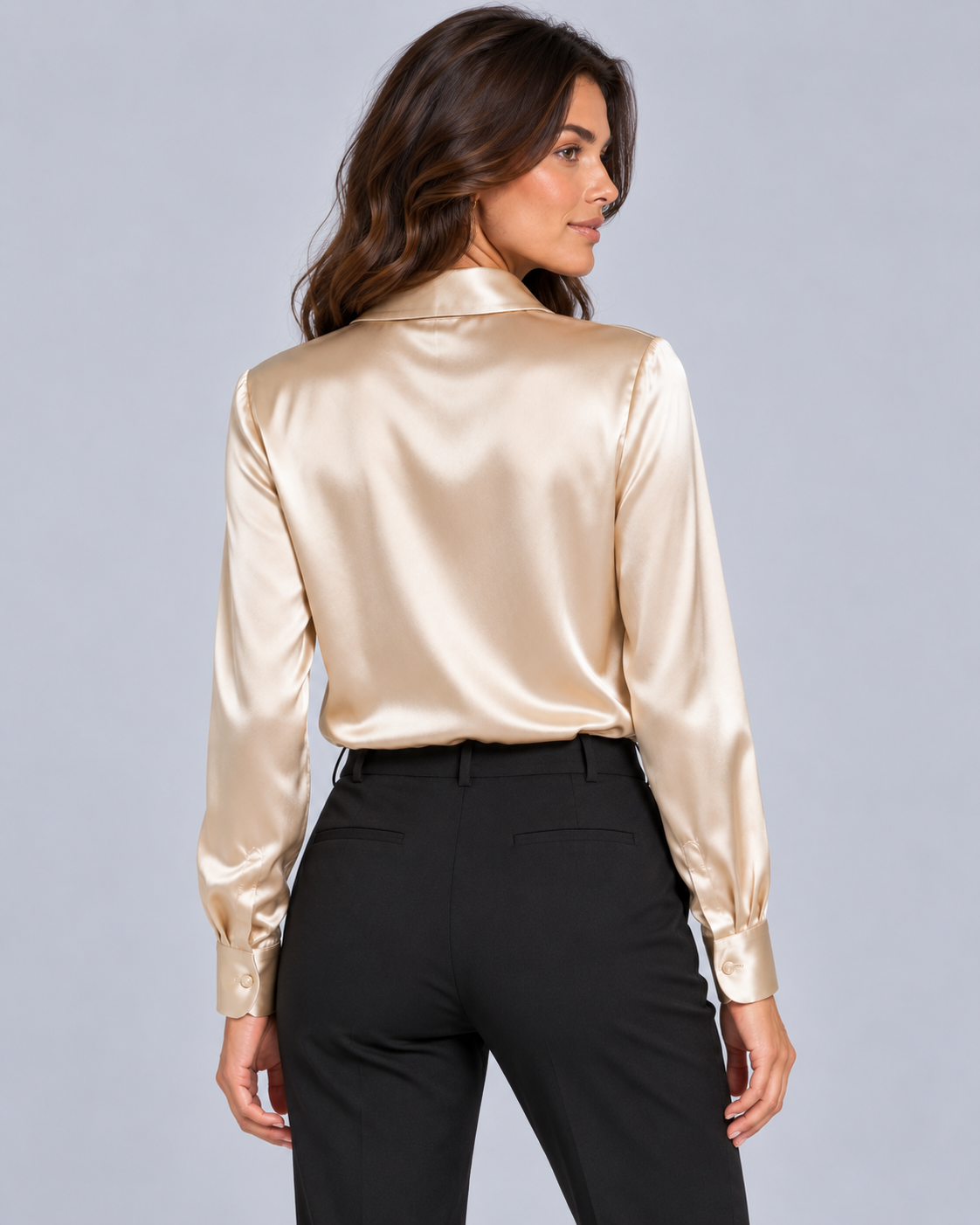 Women's Satin Blouse – Cowl Neck Long-Sleeve Top with Shirt Collar, Relaxed Fit