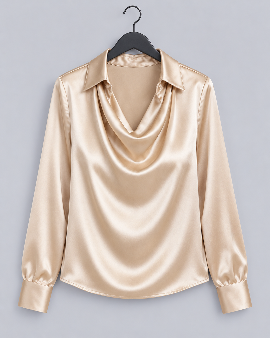 Women's Satin Blouse – Cowl Neck Long-Sleeve Top with Shirt Collar, Relaxed Fit