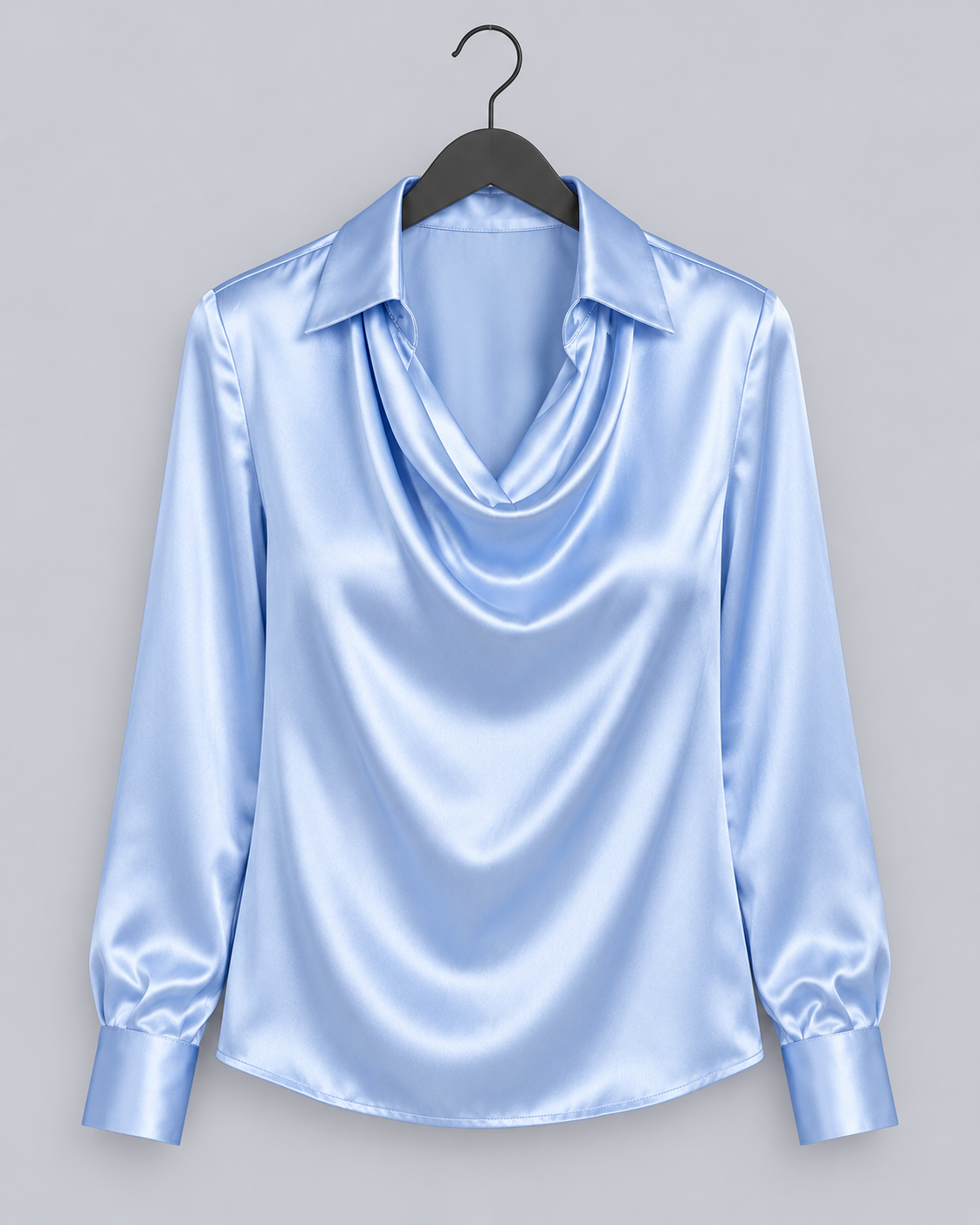 Women's Satin Blouse – Cowl Neck Long-Sleeve Top with Shirt Collar, Relaxed Fit