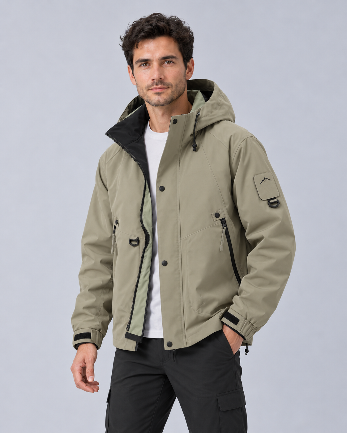 Men's Waterproof Jacket with Hood – Lightweight Rain Jacket, Zip & Press-Stud Front, Relaxed Fit