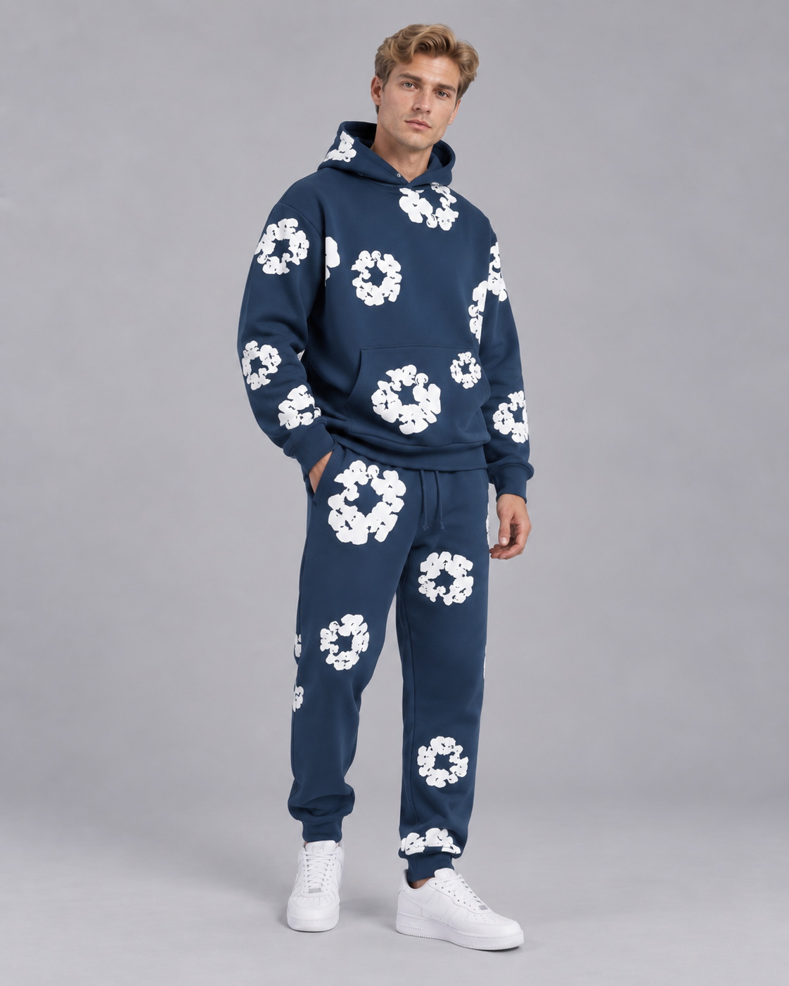 Unisex Floral Print Tracksuit Set – Oversized Hoodie and Joggers with Kangaroo Pocket