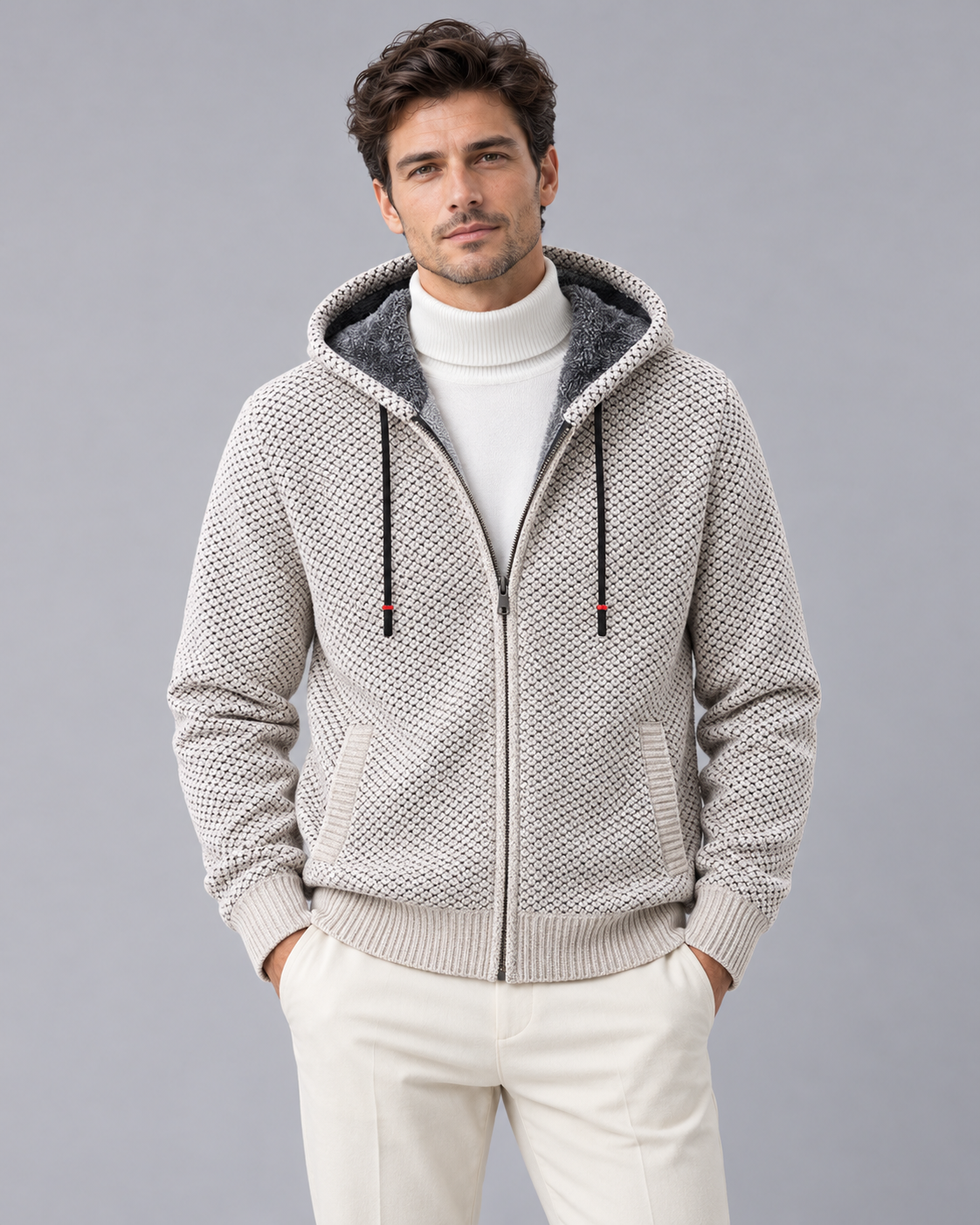 Men's Fleece Lined Hoodie – Knitted Zip-Up Hoodie with Textured Knit and Drawcord Hood, Relaxed Fit