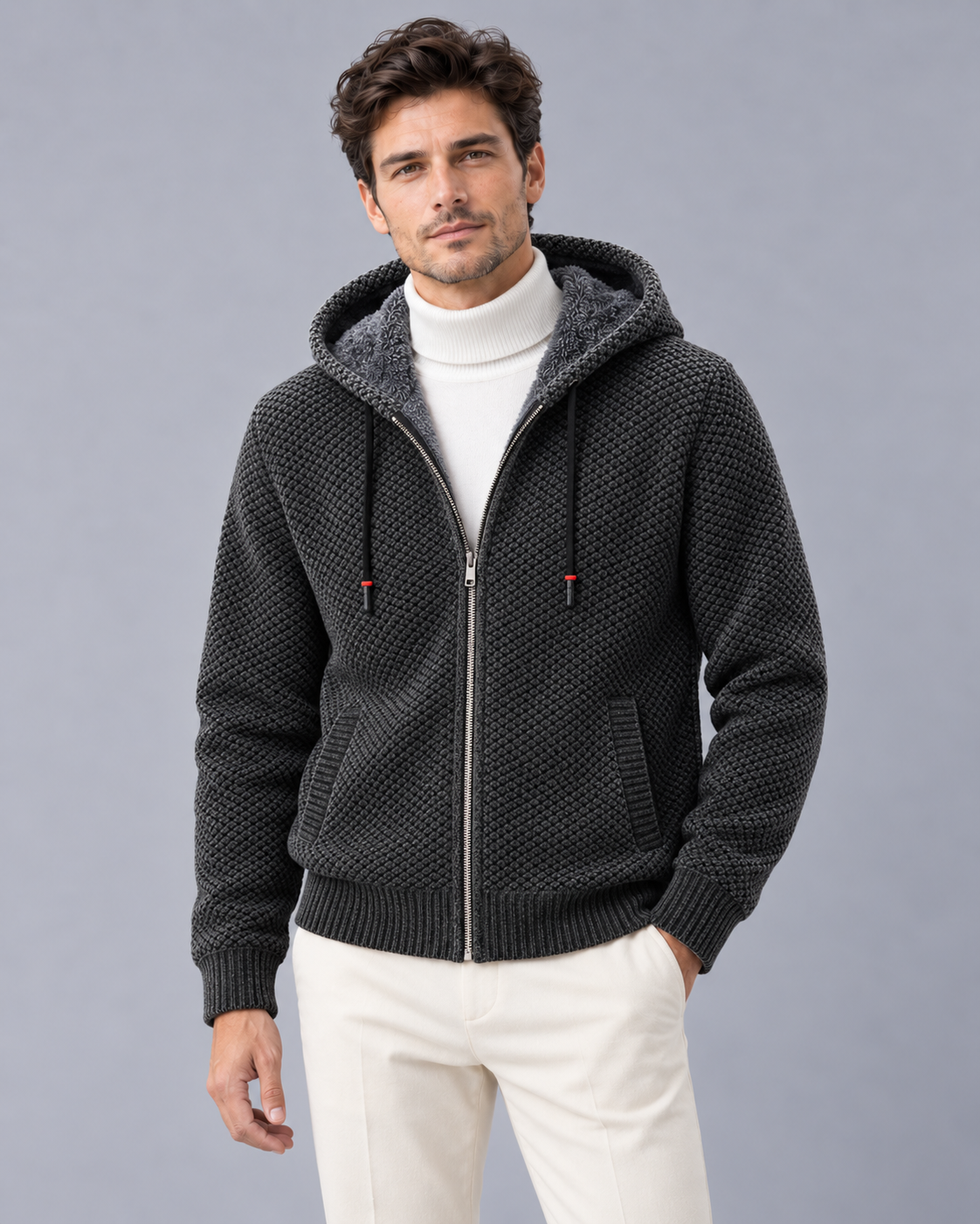 Men's Fleece Lined Hoodie – Knitted Zip-Up Hoodie with Textured Knit and Drawcord Hood, Relaxed Fit