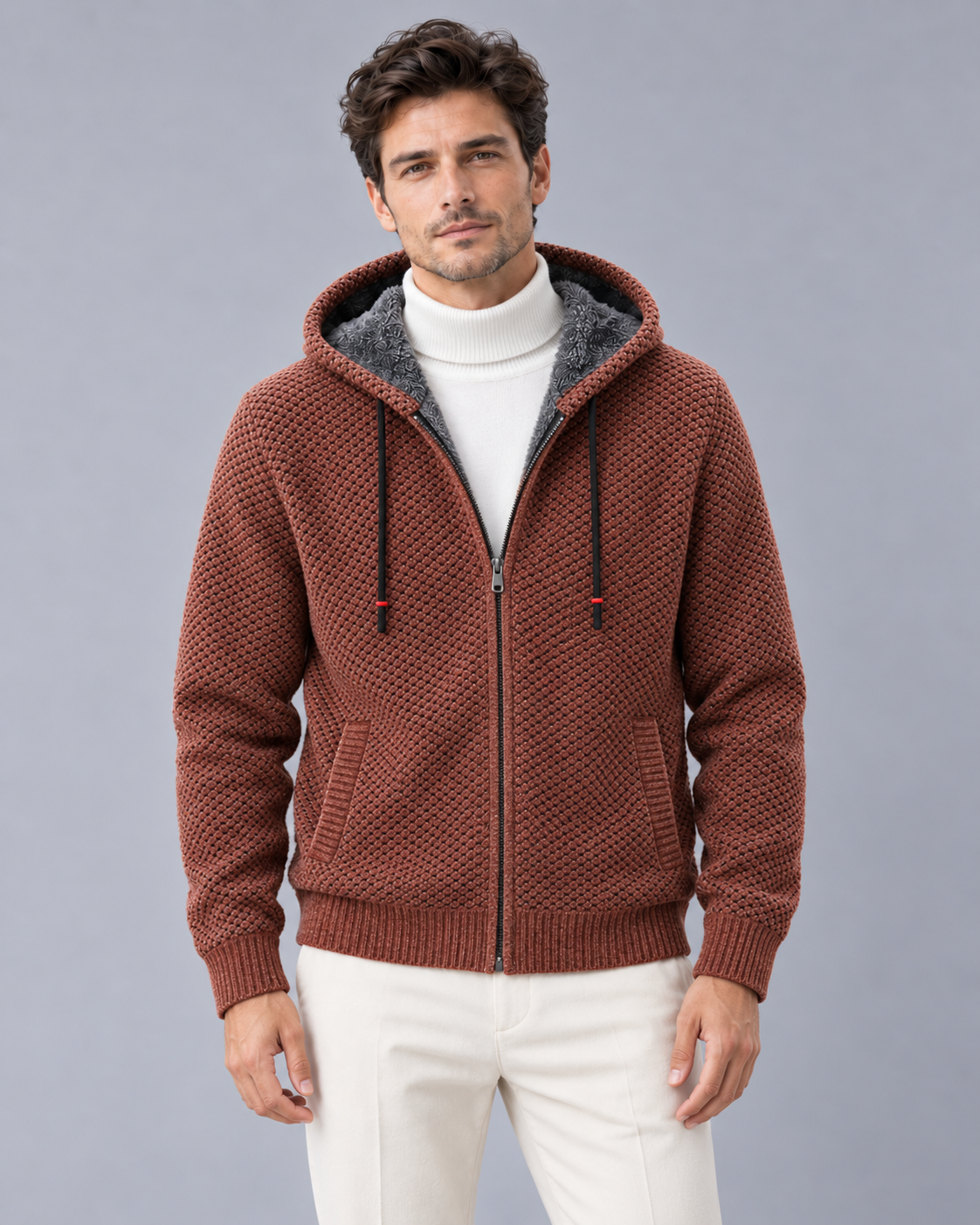 Men's Fleece Lined Hoodie – Knitted Zip-Up Hoodie with Textured Knit and Drawcord Hood, Relaxed Fit