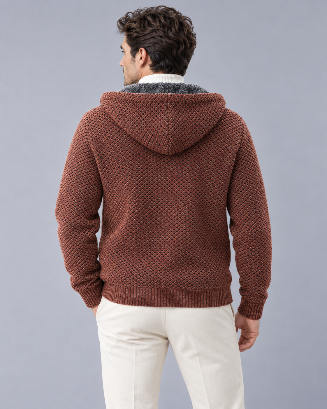 Men's Fleece Lined Hoodie – Knitted Zip-Up Hoodie with Textured Knit and Drawcord Hood, Relaxed Fit