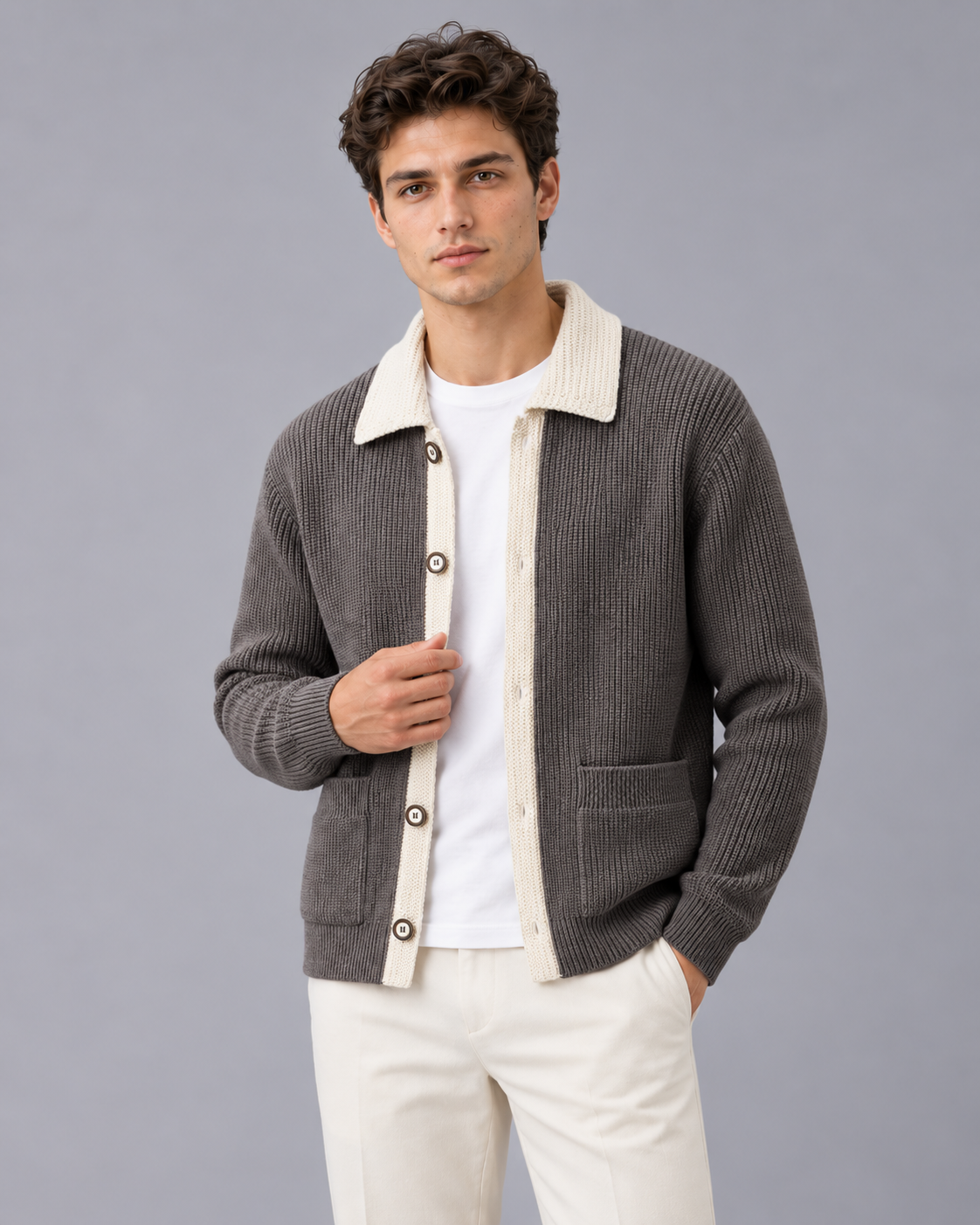 Men's Knitted Cardigan with Collar – Ribbed Knit, Button Front, Patch Pockets, Relaxed Fit