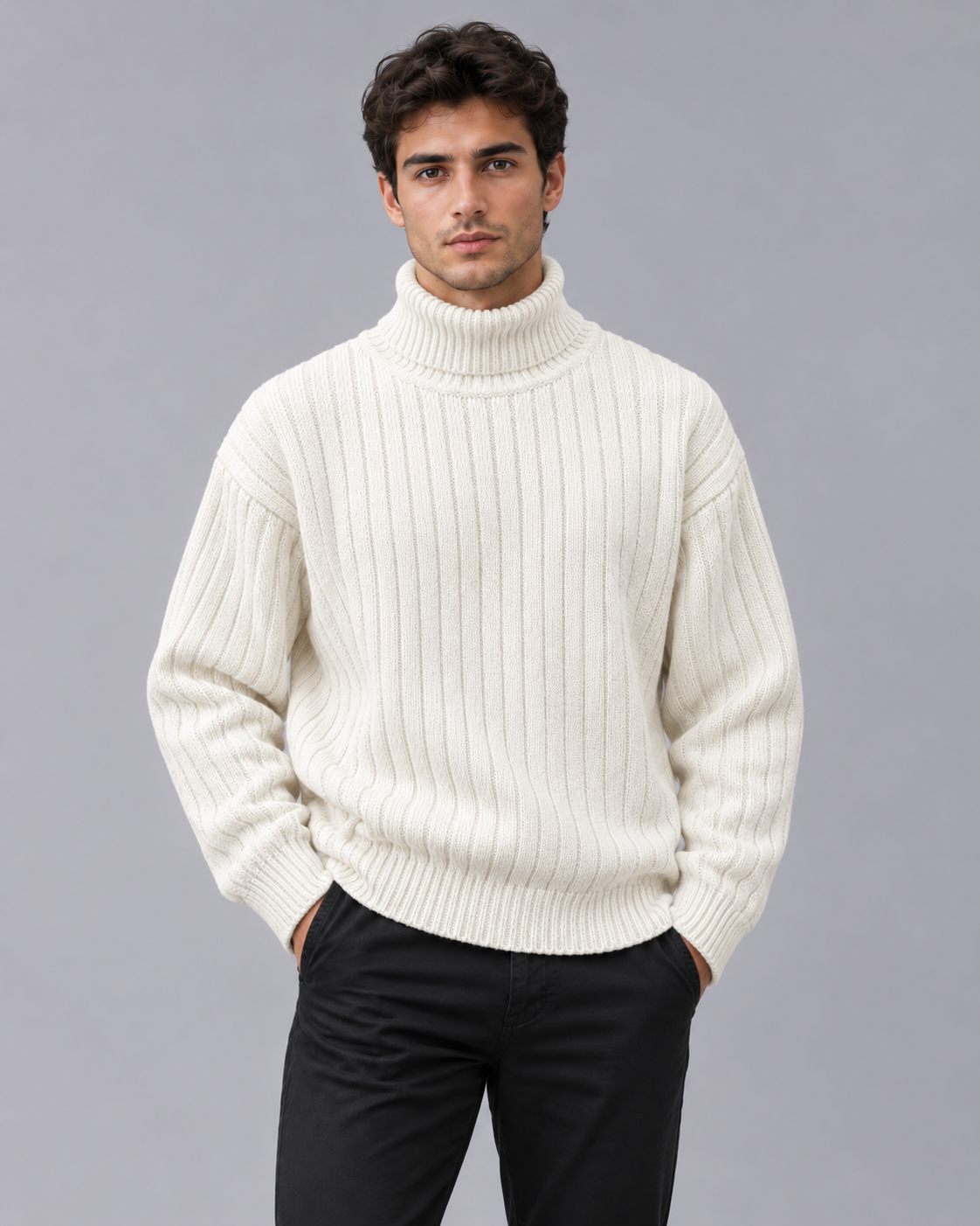 Men's Ribbed Roll Neck Jumper – Turtleneck, Dropped Shoulder, Relaxed Fit