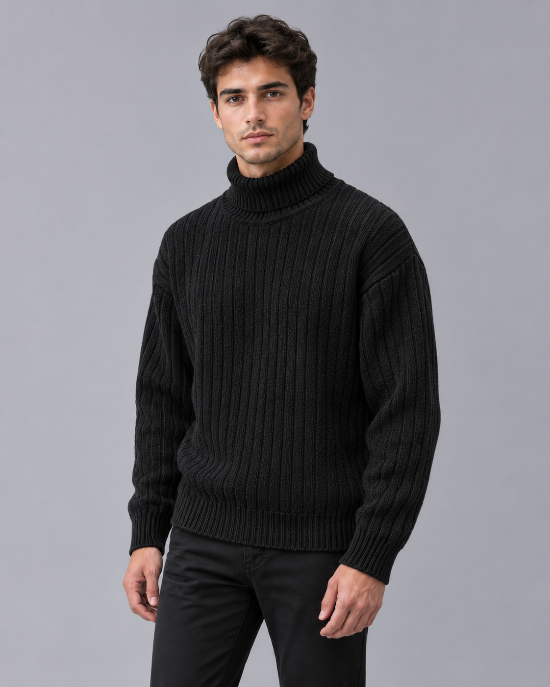 Men's Ribbed Roll Neck Jumper – Turtleneck, Dropped Shoulder, Relaxed Fit