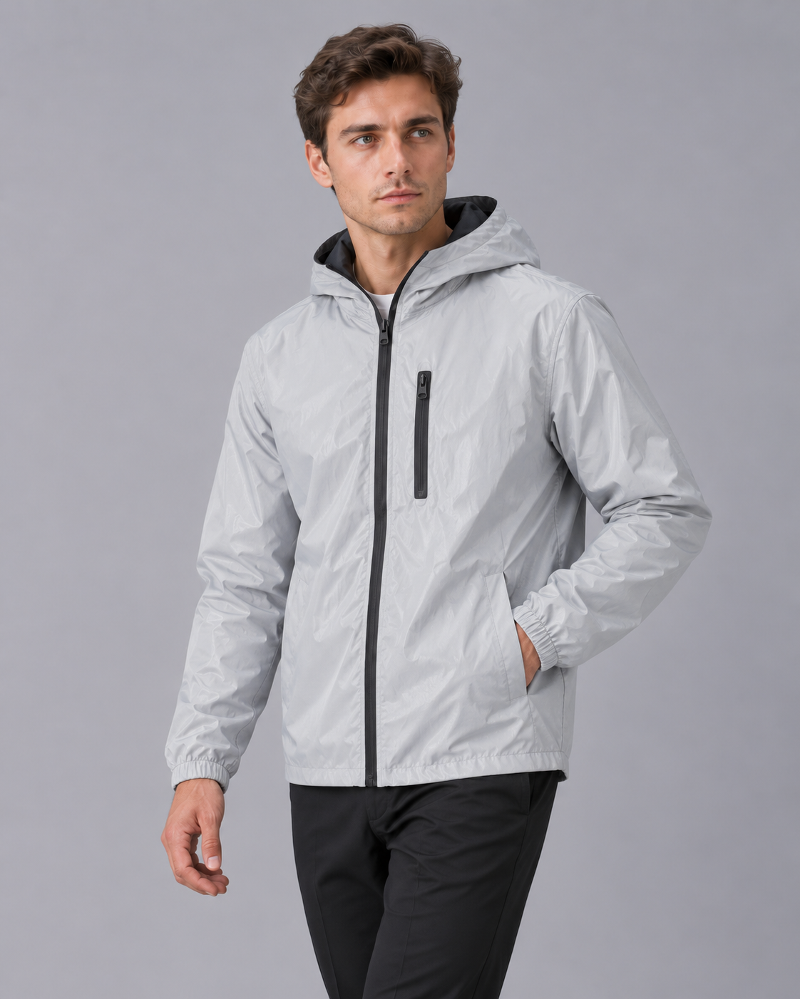 Men's Reflective Rain Jacket with Hood – Lightweight Waterproof Jacket in Silver Grey