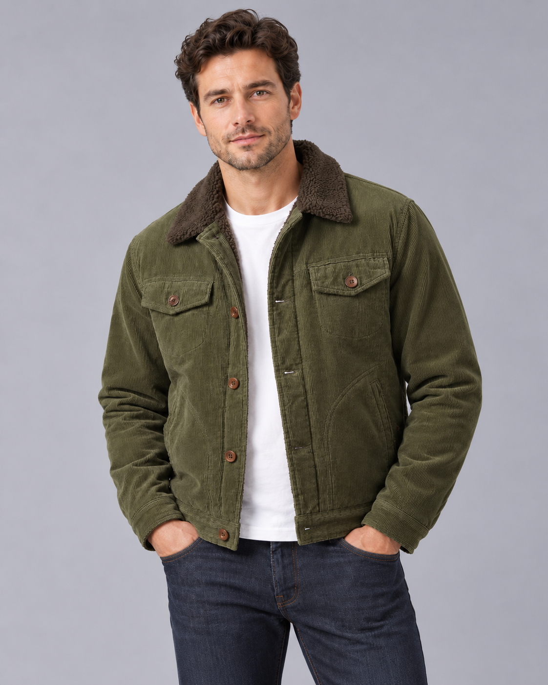 Men's Corduroy Sherpa Lined Jacket – Trucker Jacket with Fleece Collar and Chest Pocket
