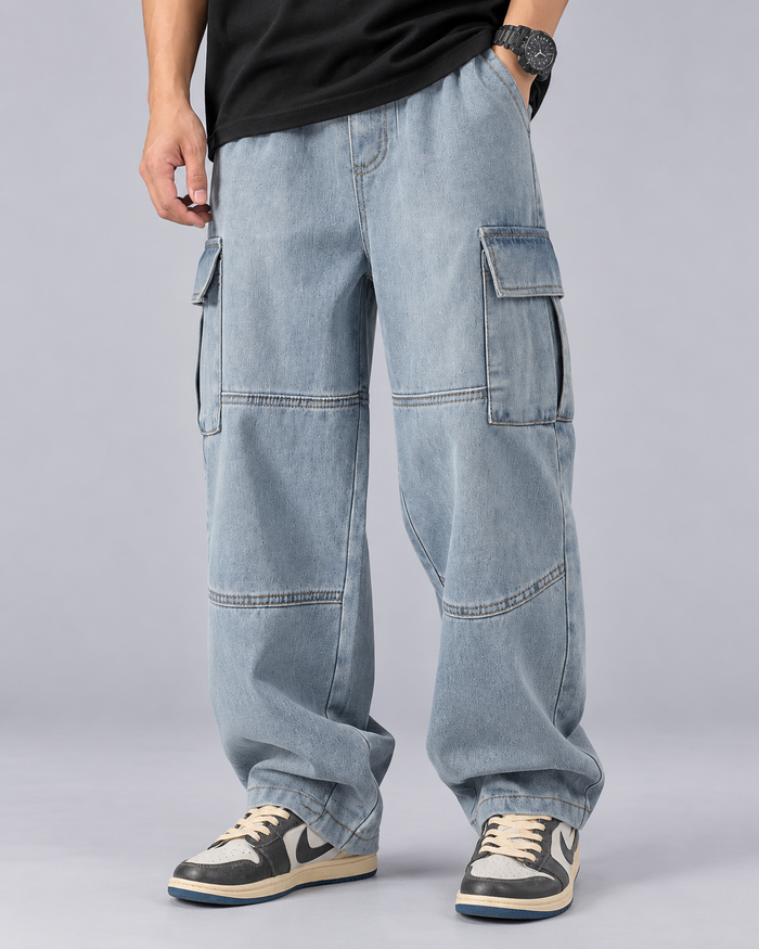 Men's Baggy Cargo Jeans – Heavyweight Cotton Denim, Wide Leg with Flap Cargo Pockets, Washed Finish