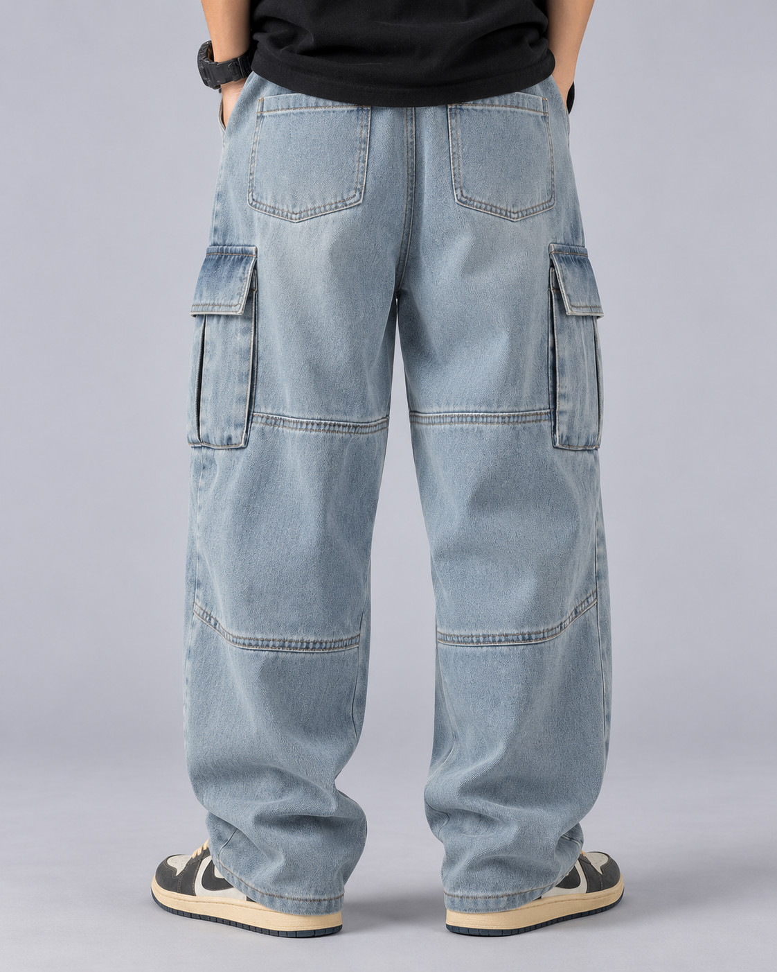 Men's Baggy Cargo Jeans – Heavyweight Cotton Denim, Wide Leg with Flap Cargo Pockets, Washed Finish