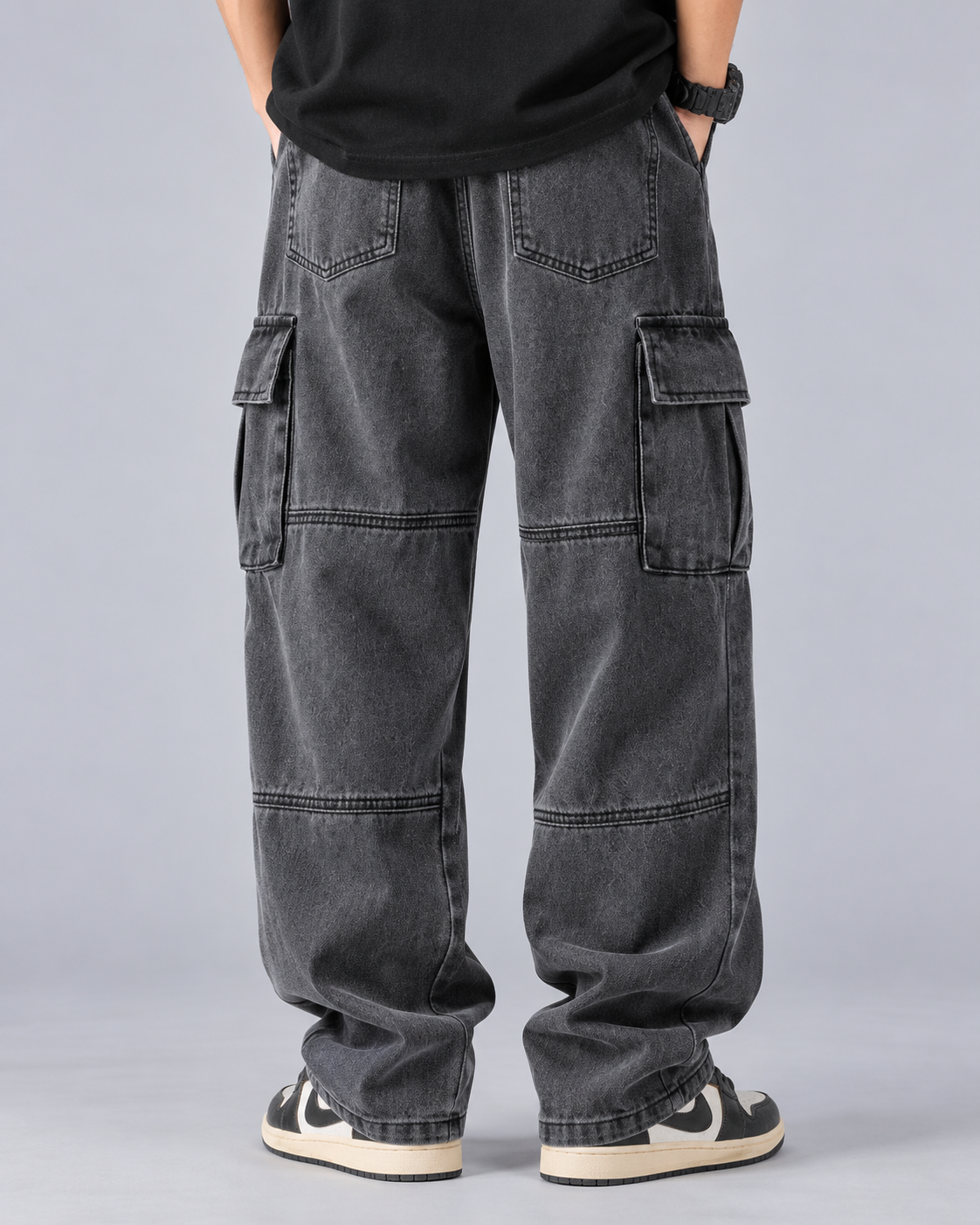 Men's Baggy Cargo Jeans – Heavyweight Cotton Denim, Wide Leg with Flap Cargo Pockets, Washed Finish