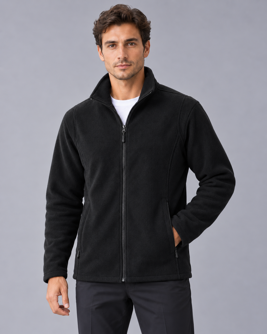 Men's Full Zip Fleece Jacket in Polar Fleece – Stand Collar, Two Zipped Hand Pockets