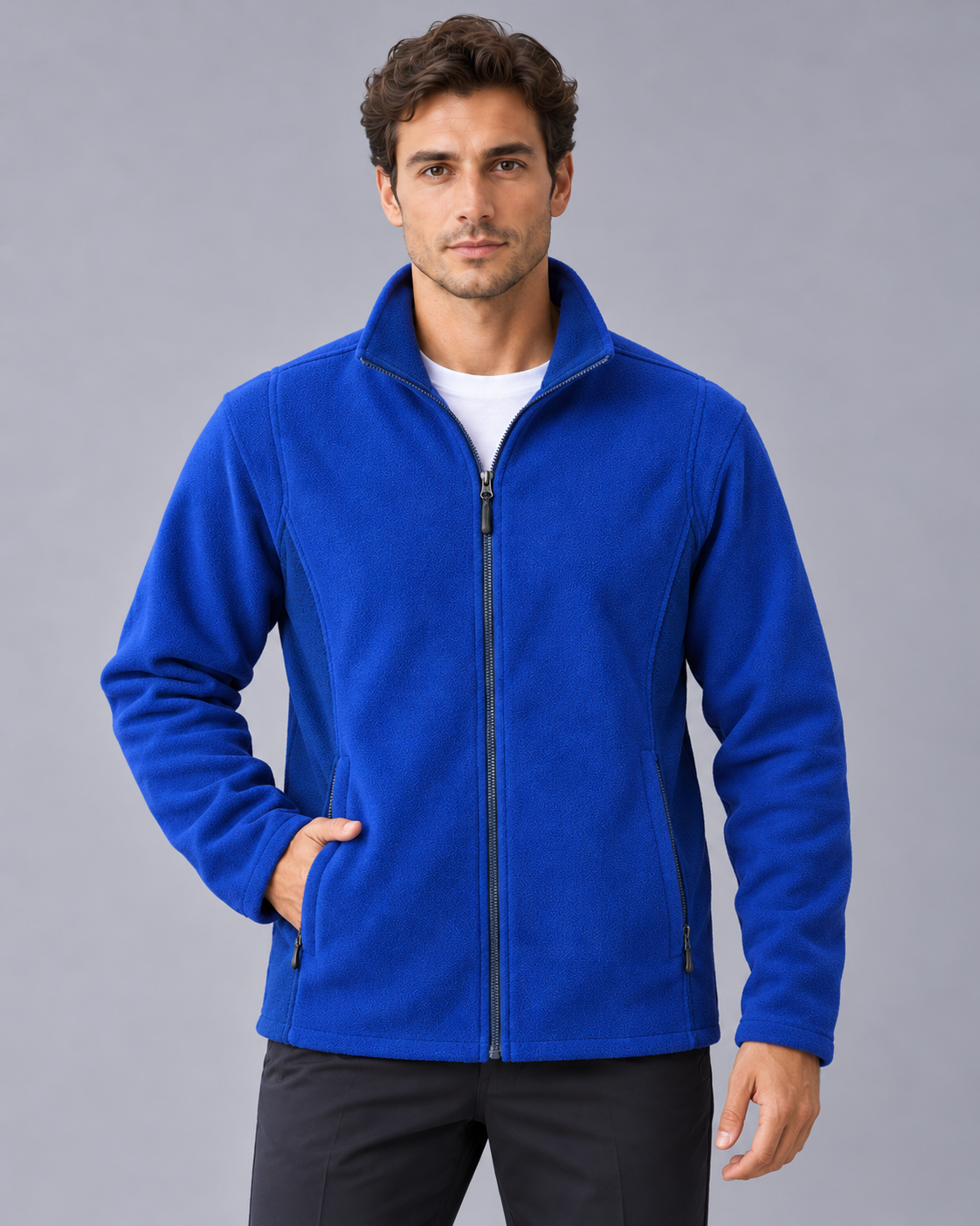 Men's Full Zip Fleece Jacket in Polar Fleece – Stand Collar, Two Zipped Hand Pockets