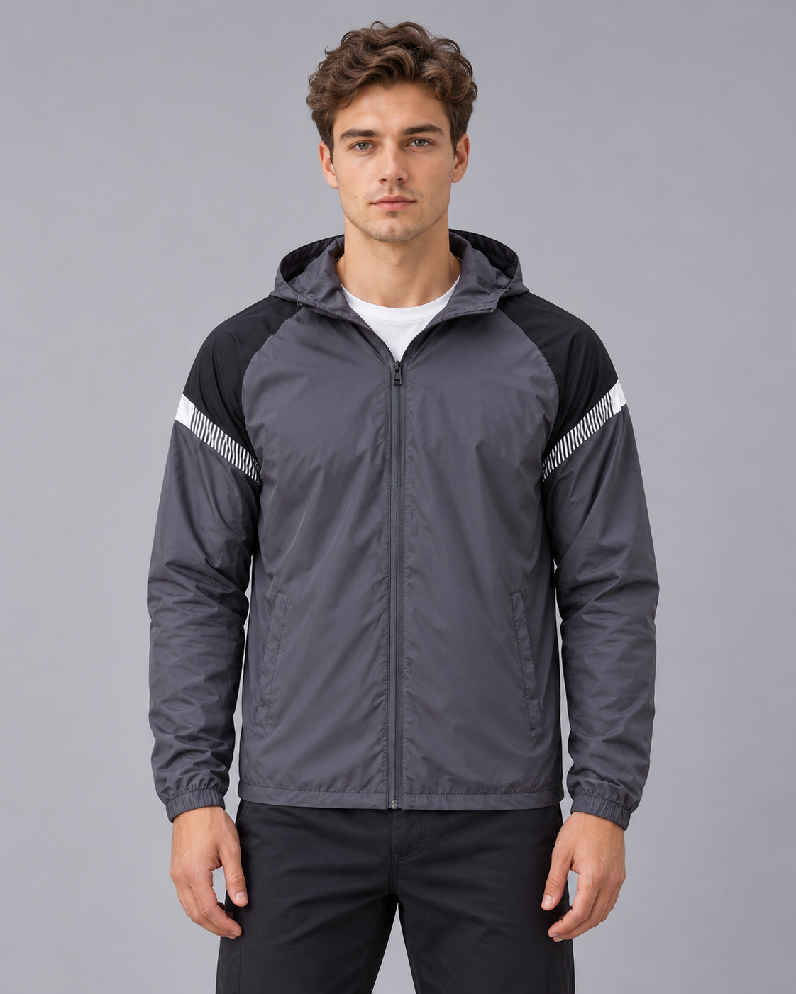 Men's Windbreaker Jacket with Hood – Full Zip, Contrast Shoulder Panels, Regular Fit