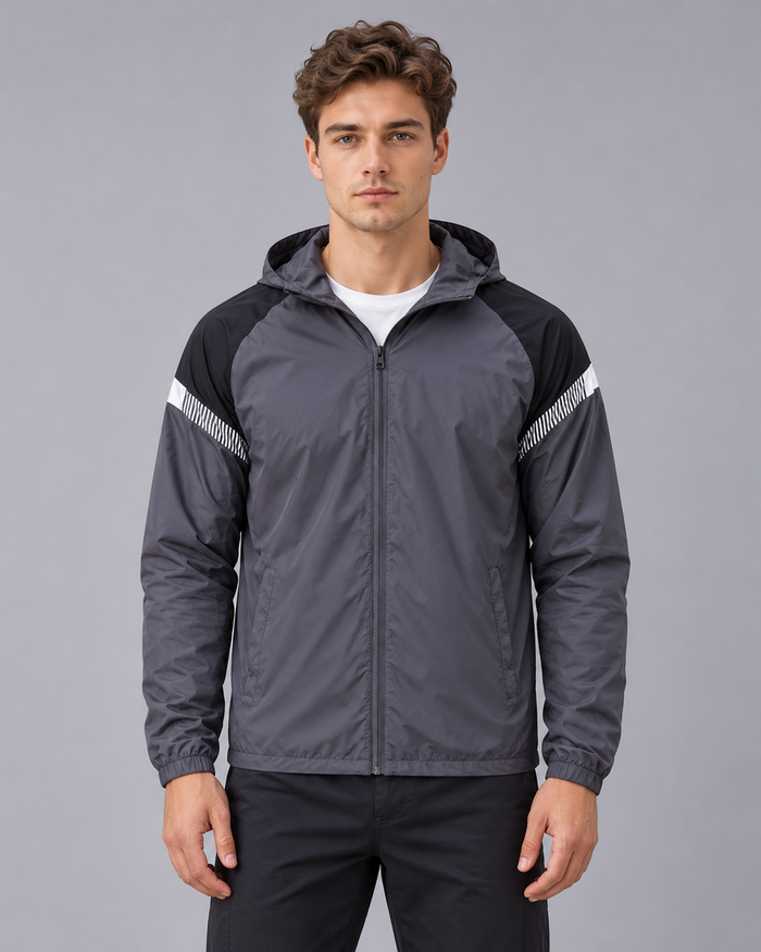 Men's Windbreaker Jacket with Hood – Full Zip, Contrast Shoulder Panels, Regular Fit