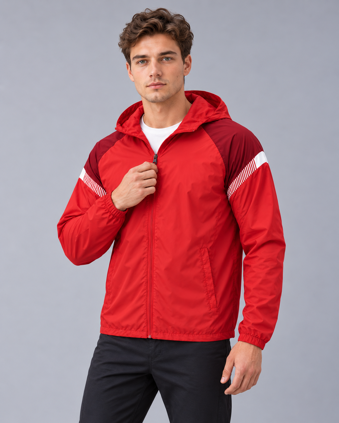 Men's Windbreaker Jacket with Hood – Full Zip, Contrast Shoulder Panels, Regular Fit