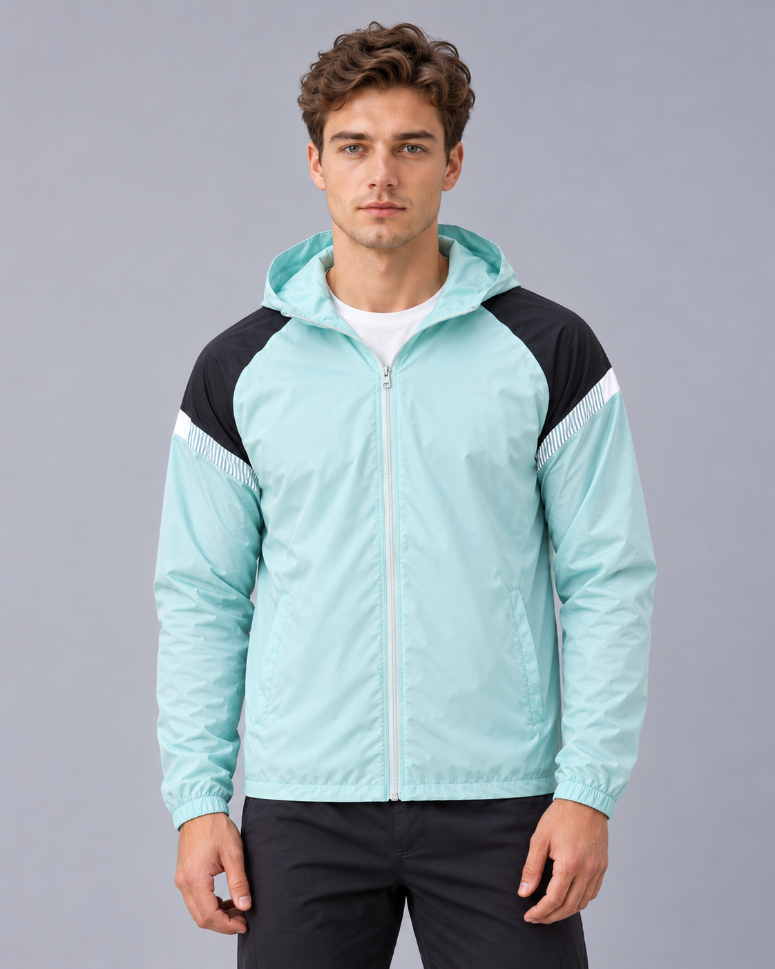 Men's Windbreaker Jacket with Hood – Full Zip, Contrast Shoulder Panels, Regular Fit