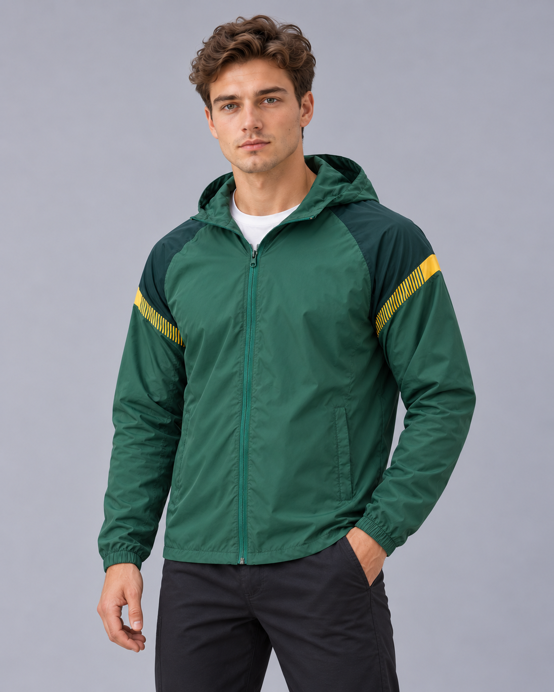 Men's Windbreaker Jacket with Hood – Full Zip, Contrast Shoulder Panels, Regular Fit