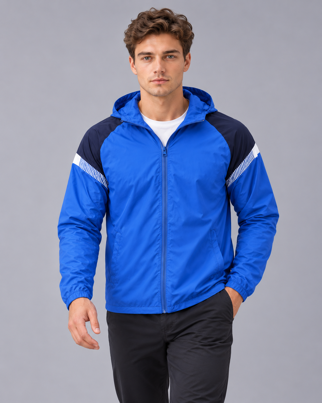 Men's Windbreaker Jacket with Hood – Full Zip, Contrast Shoulder Panels, Regular Fit