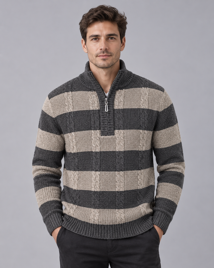 Men's Half Zip Jumper – Striped Cable Knit Jumper with Ribbed Stand Collar, Relaxed Fit