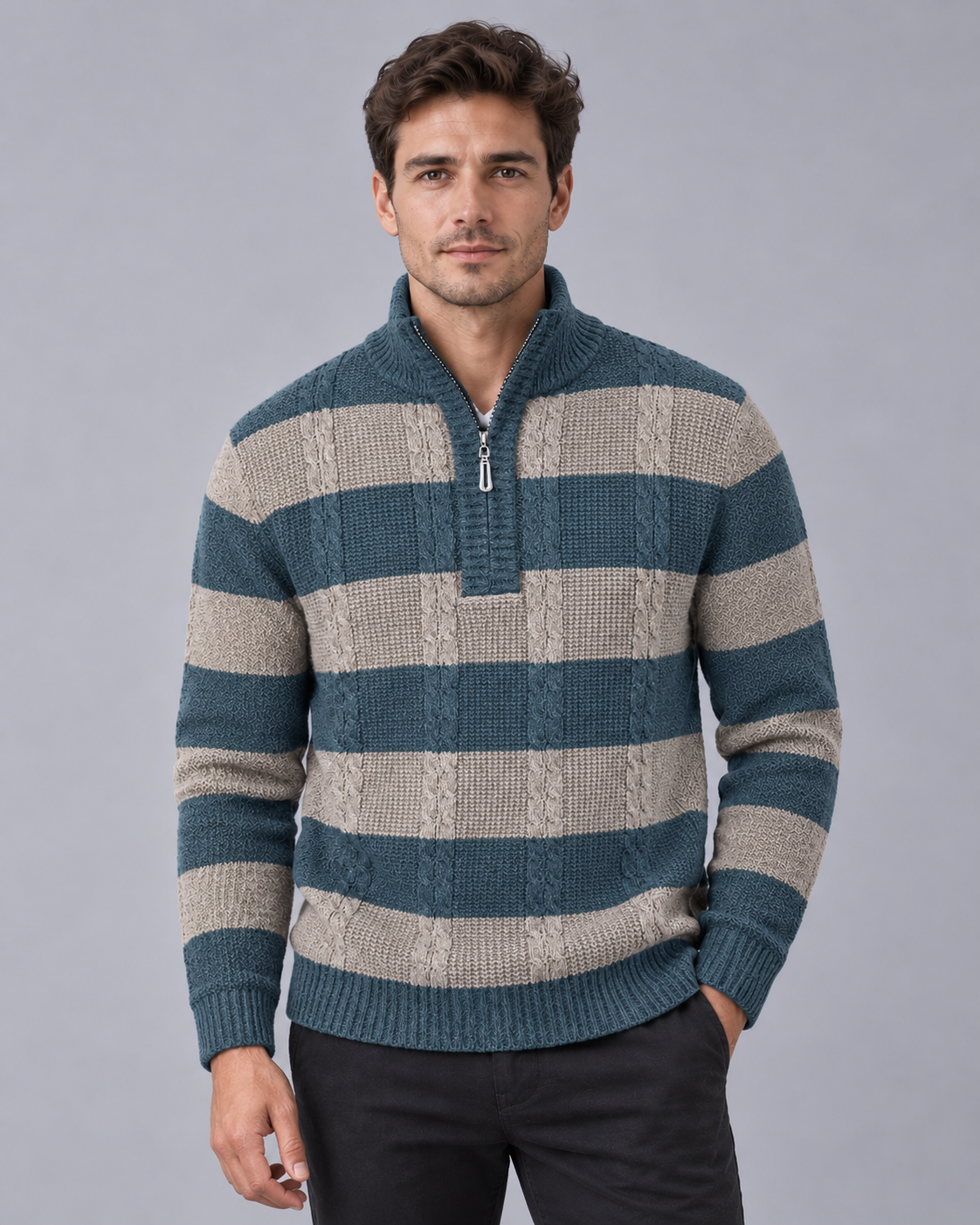 Men's Half Zip Jumper – Striped Cable Knit Jumper with Ribbed Stand Collar, Relaxed Fit