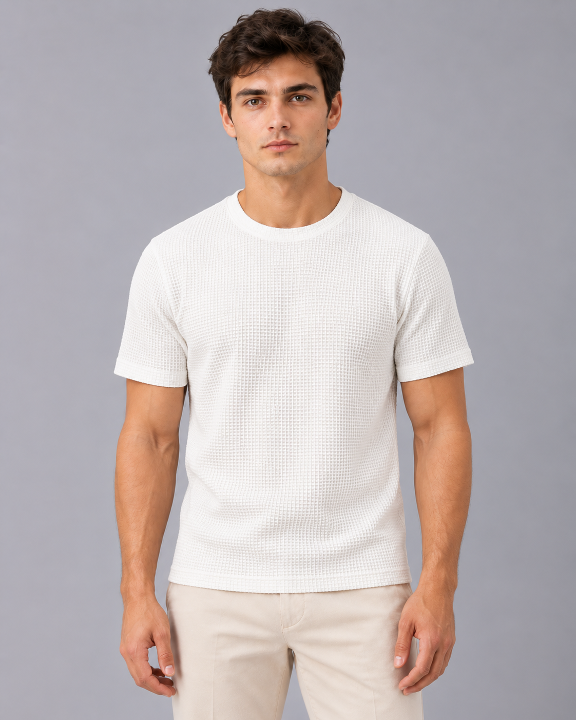Men's Textured T-Shirt – Raised Basket-Weave Texture, Crew Neck, Short Sleeve