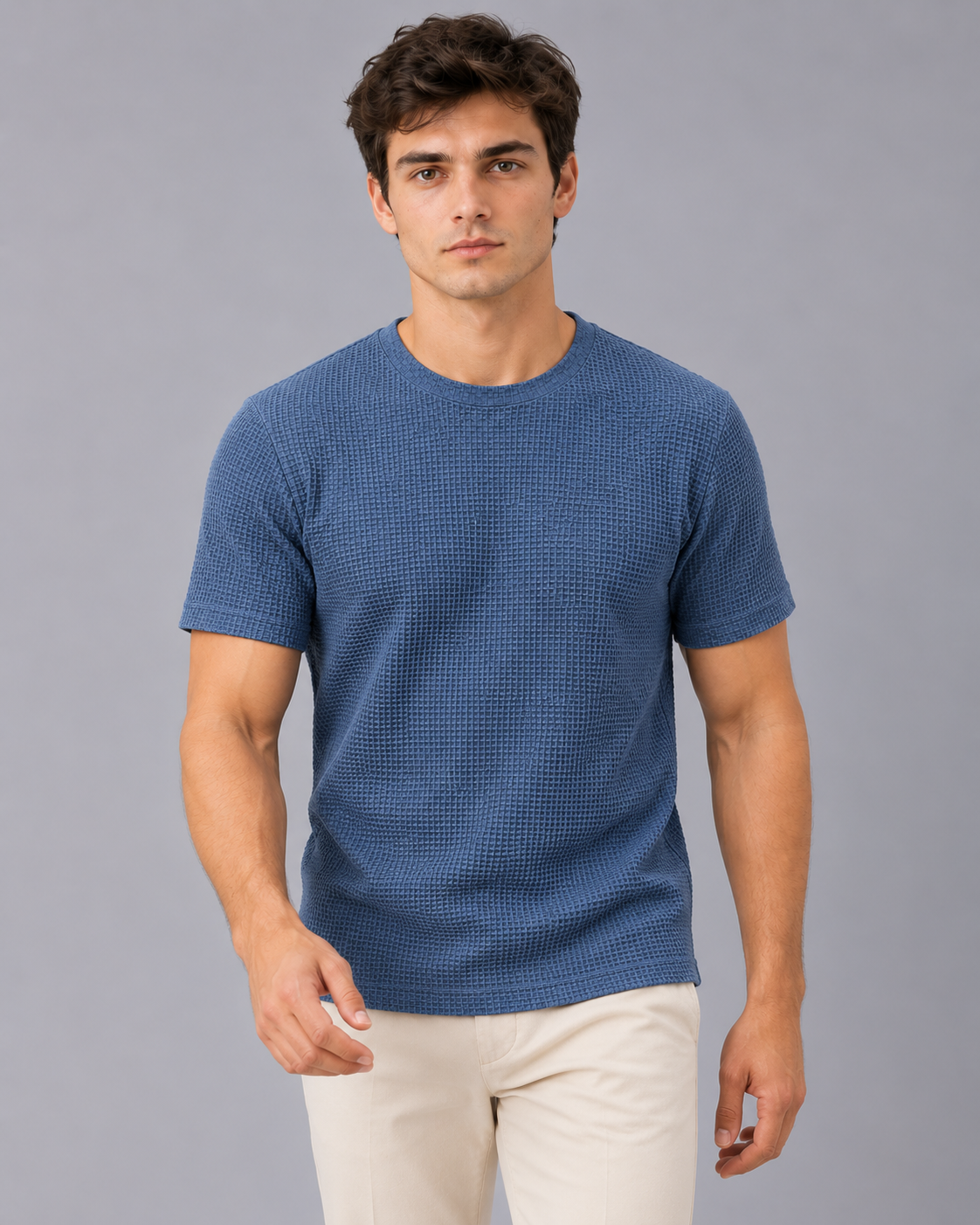 Men's Textured T-Shirt – Raised Basket-Weave Texture, Crew Neck, Short Sleeve