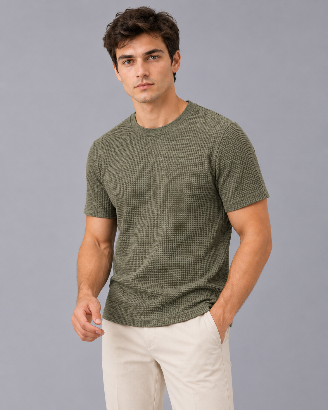 Men's Textured T-Shirt – Raised Basket-Weave Texture, Crew Neck, Short Sleeve